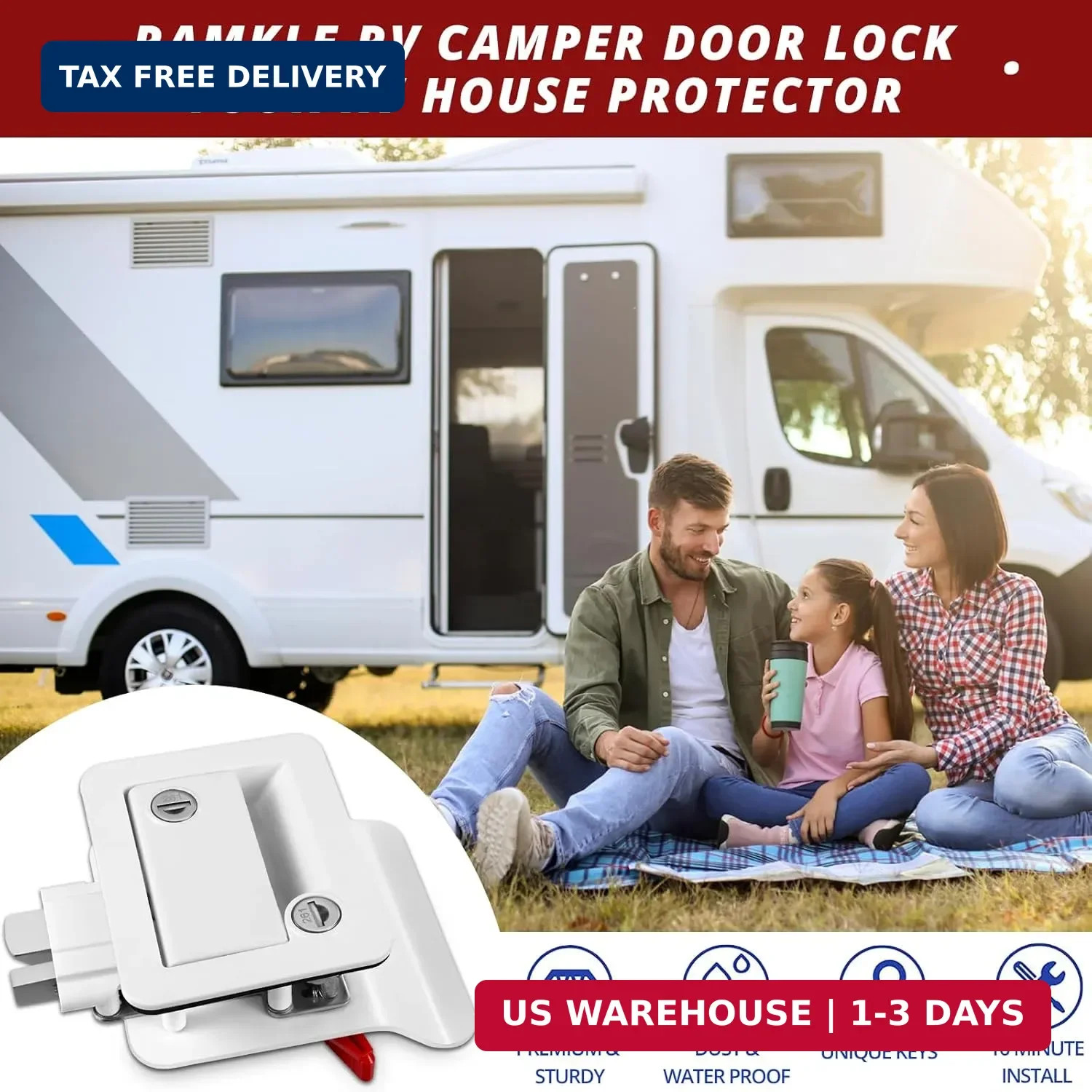 RV Entry Door Lock, 100% Metal Camper Lock, Travel Trailer Door Latch, RV Lock R