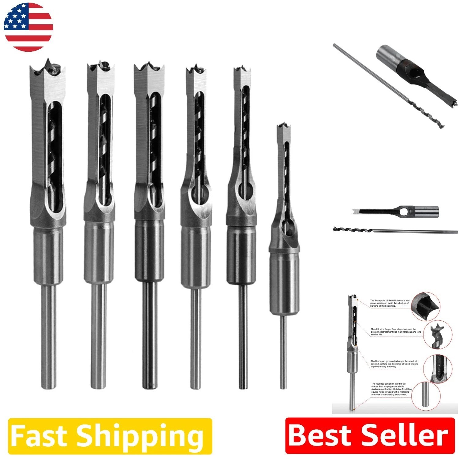 Professional Wood Square Hole Drill Bits 6pc HSS Mortising Chisel Set 1/4-5/8