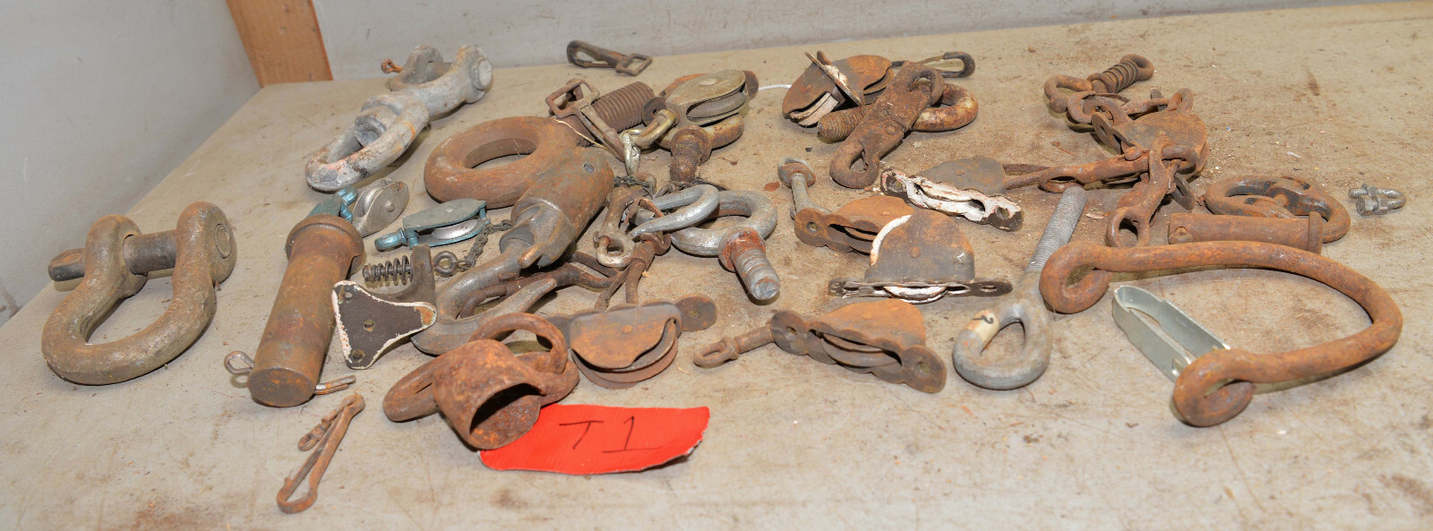 Vintage logging saw mill parts hooks pulleys hitch pins clips heavy metal lot T1