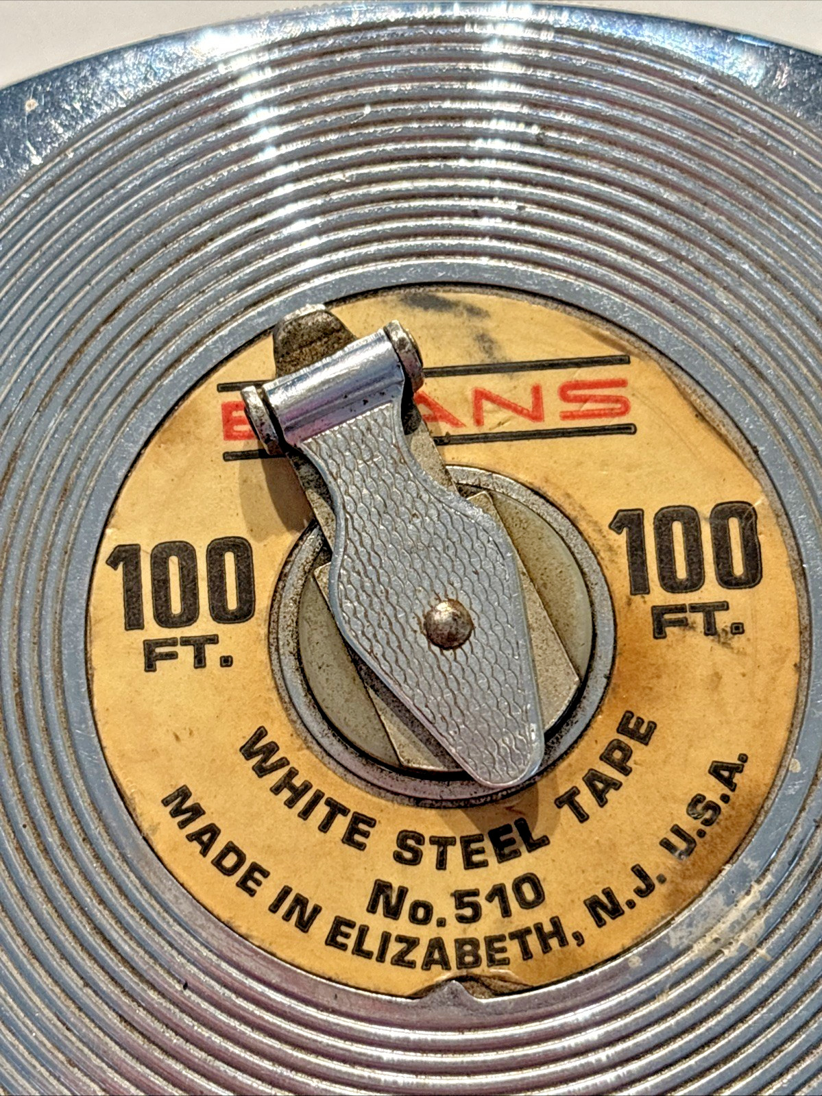 EVANS NO. 510 – 100 ft. White Steel Tape Measure Vintage Made in USA Works