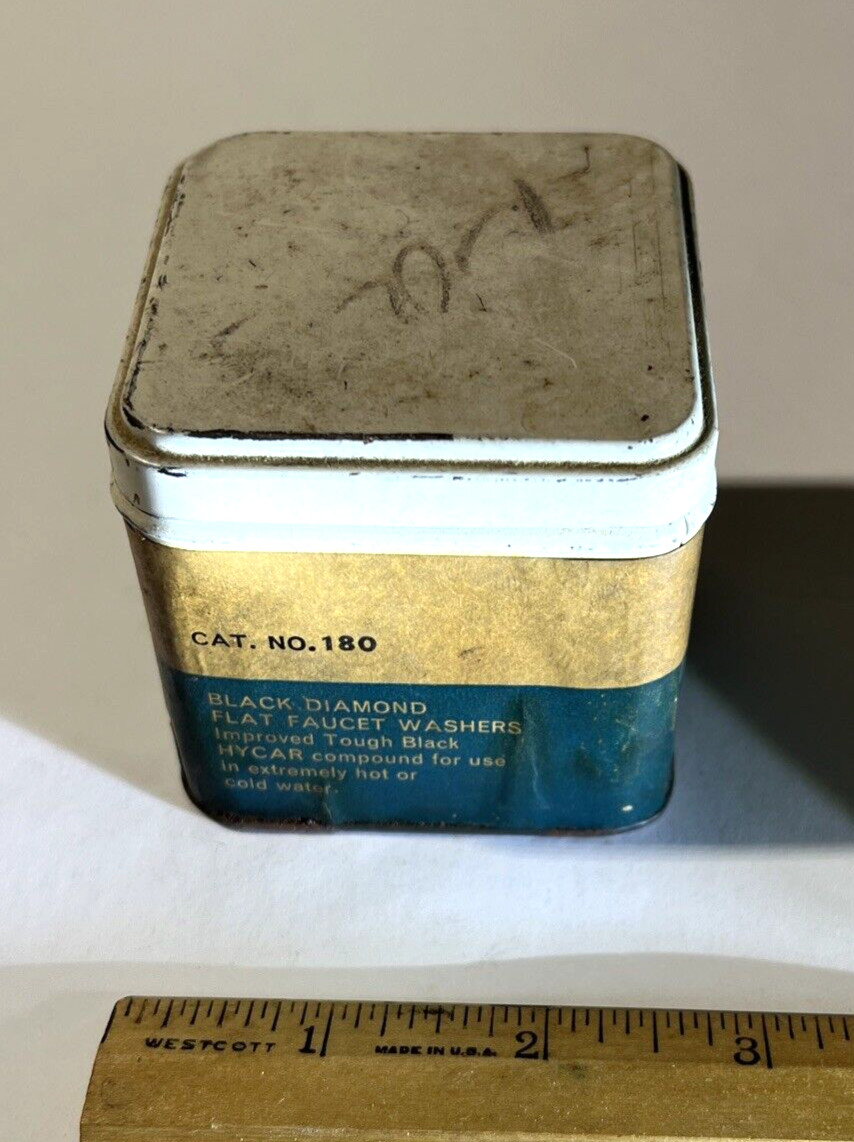 Vintage Black Diamond FLAT FAUCET WASHERS TIN/CONTAINER w/ hinged top EMPTY