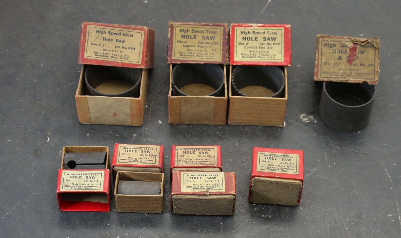 Lot of (10) Millers Falls High Speed Steel Hole Saws 7/8″ – 2-1/8″