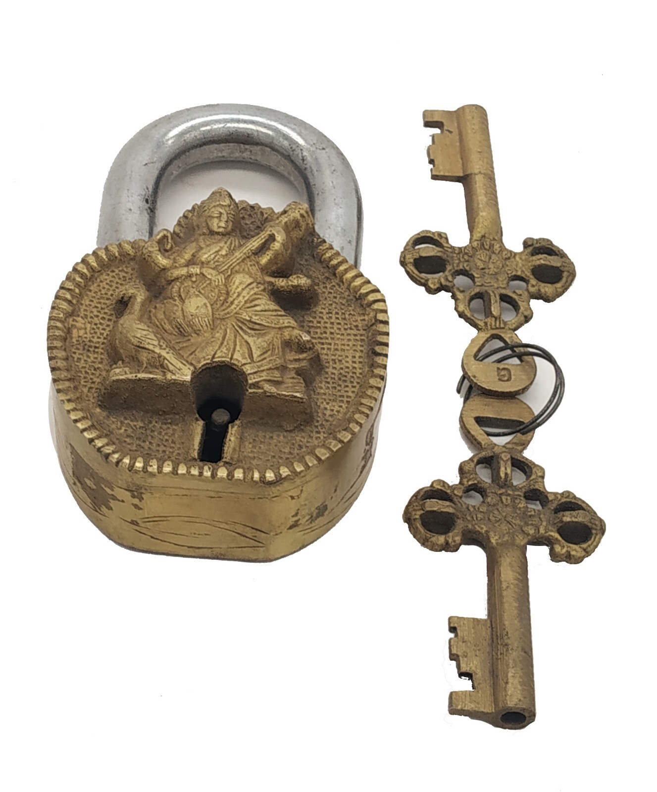 Brass Key Lock Sarasvati Shape Handmade Padlock with 2 Keys antique Lock Gift