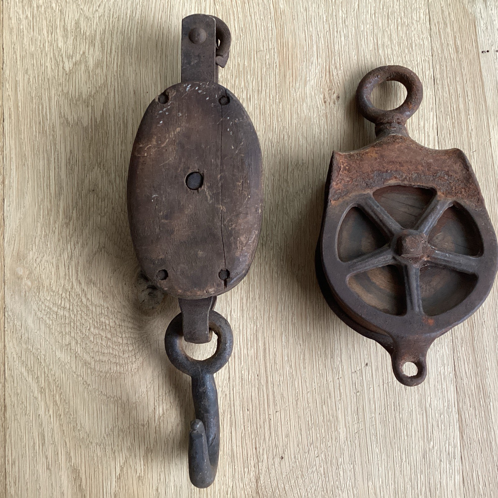 2 Antique Large Barn Wood + Iron Blocks Hoist Pulley Rustic Farm Industrial