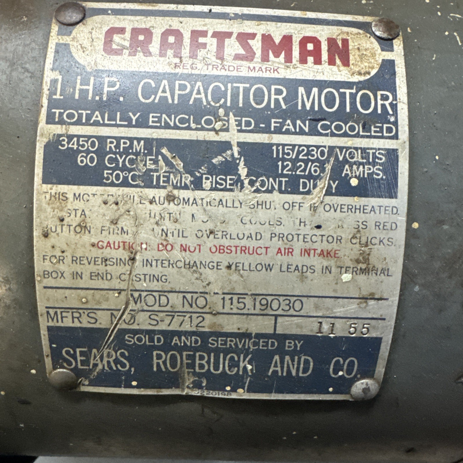 Craftsman 1 HP Capacitor Motor 115.19030 115/230v 3450 RPM Fan Cooled
