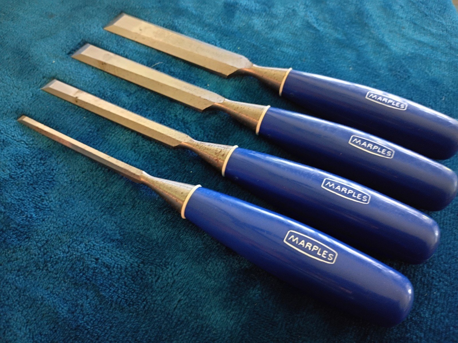 Set of 4 Marples Blue Chip Wood Chisels -1 “, 3/4” 1/2”, 1/4” Made in England