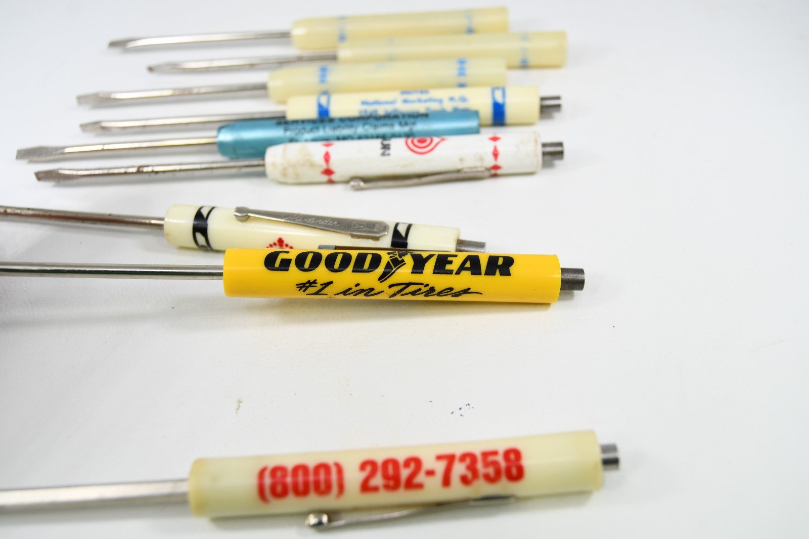 9 Vtg Advertising Pocket Screwdriver Lot Goodyear Tires Trans-Care Royal Insuran