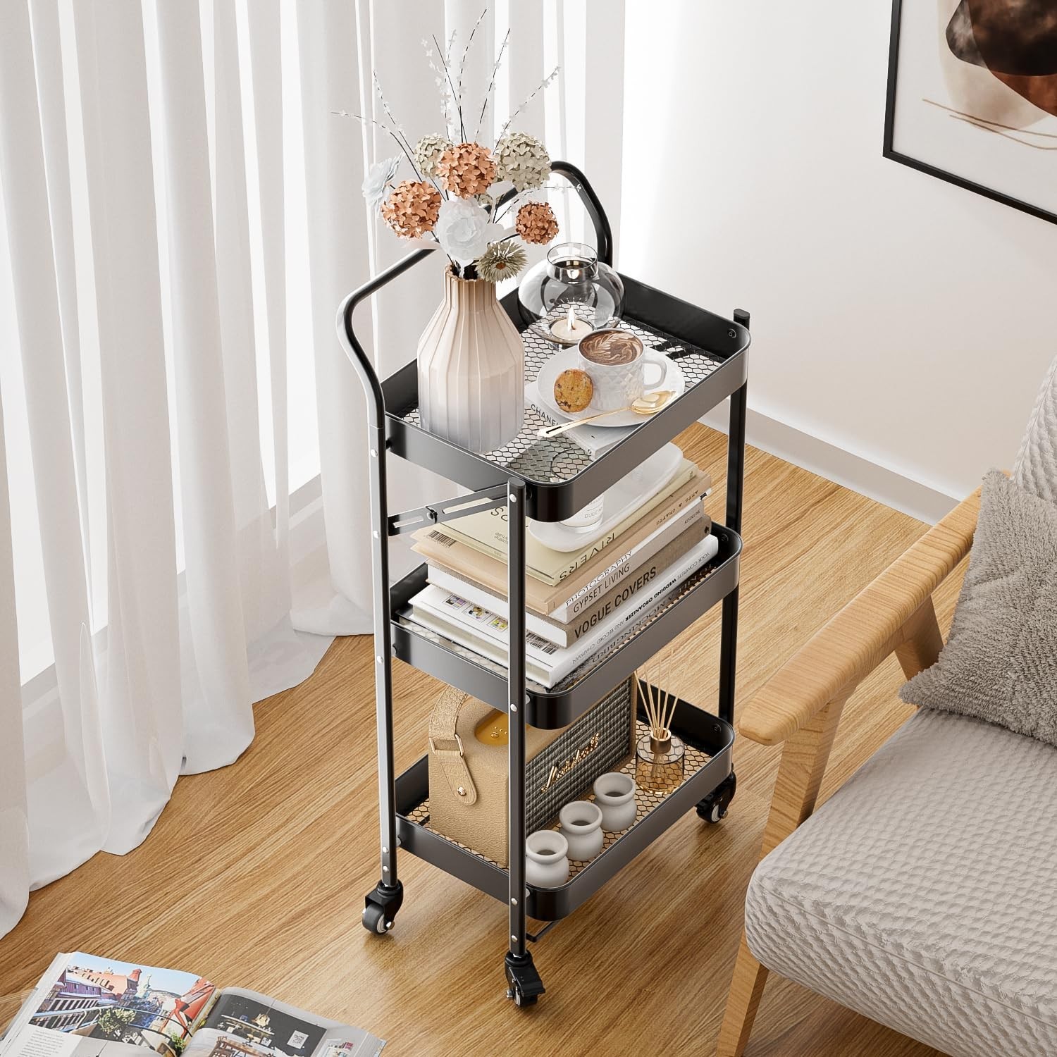 JAQ No Assembly Foldable Rolling Cart, 3 Tier Black Metal Folding Utility Car…