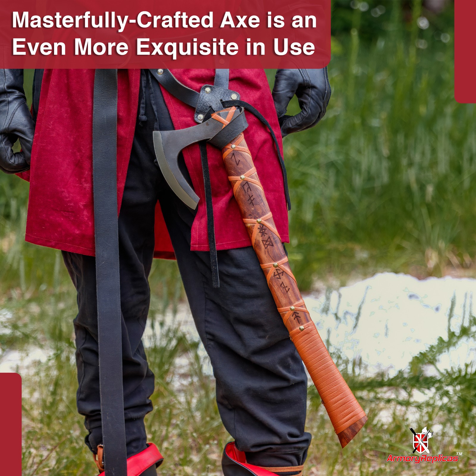 Functional Outdoor Hand Forged Viking Bearded Skeggøx Axe Orange Leather Wrap