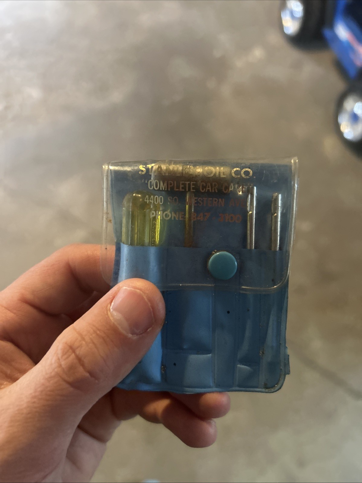 Vintage Mini Tool Set Kit in Blue Plastic Case Stanley Oil Co