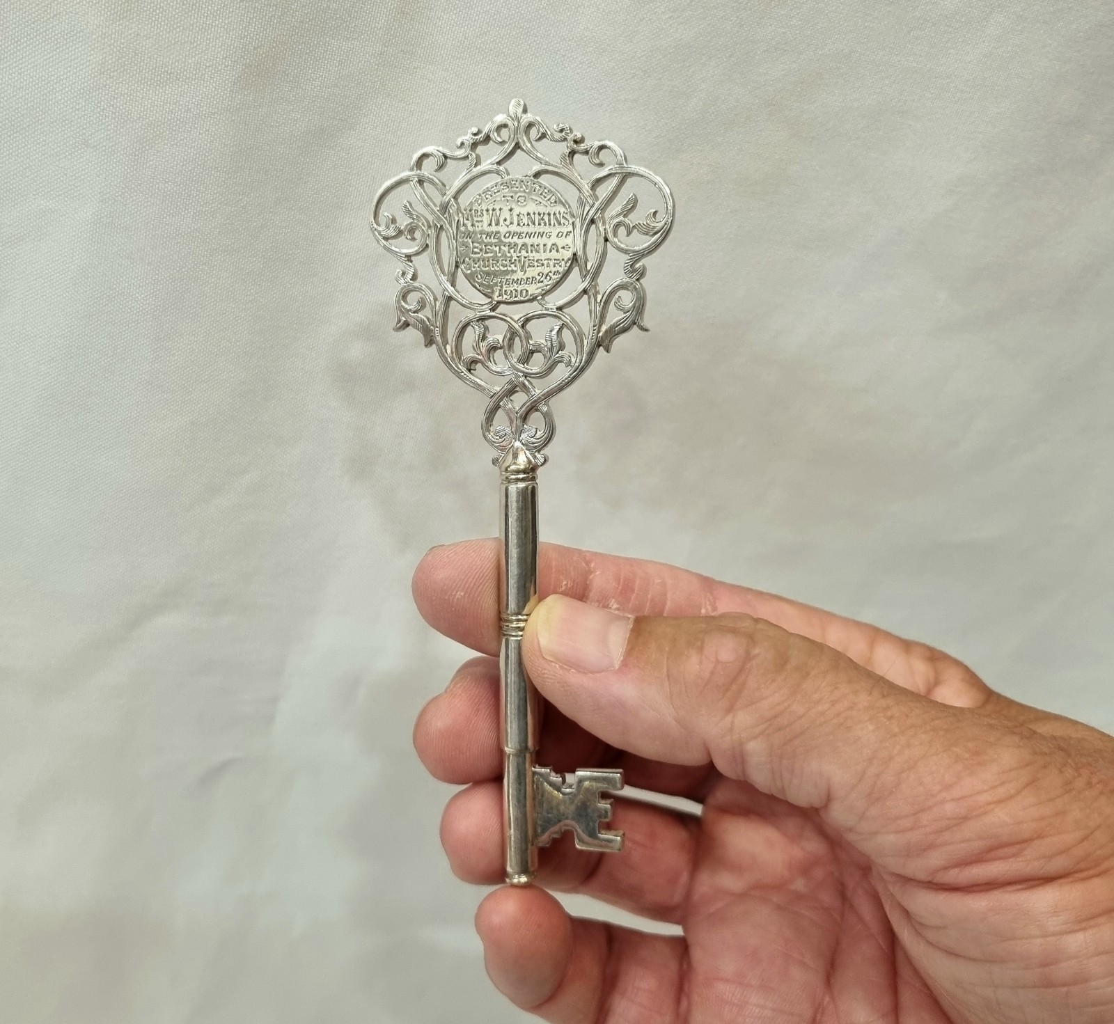 Antique Edwardian silver plated presentation key of ecclesiastical interest 1910