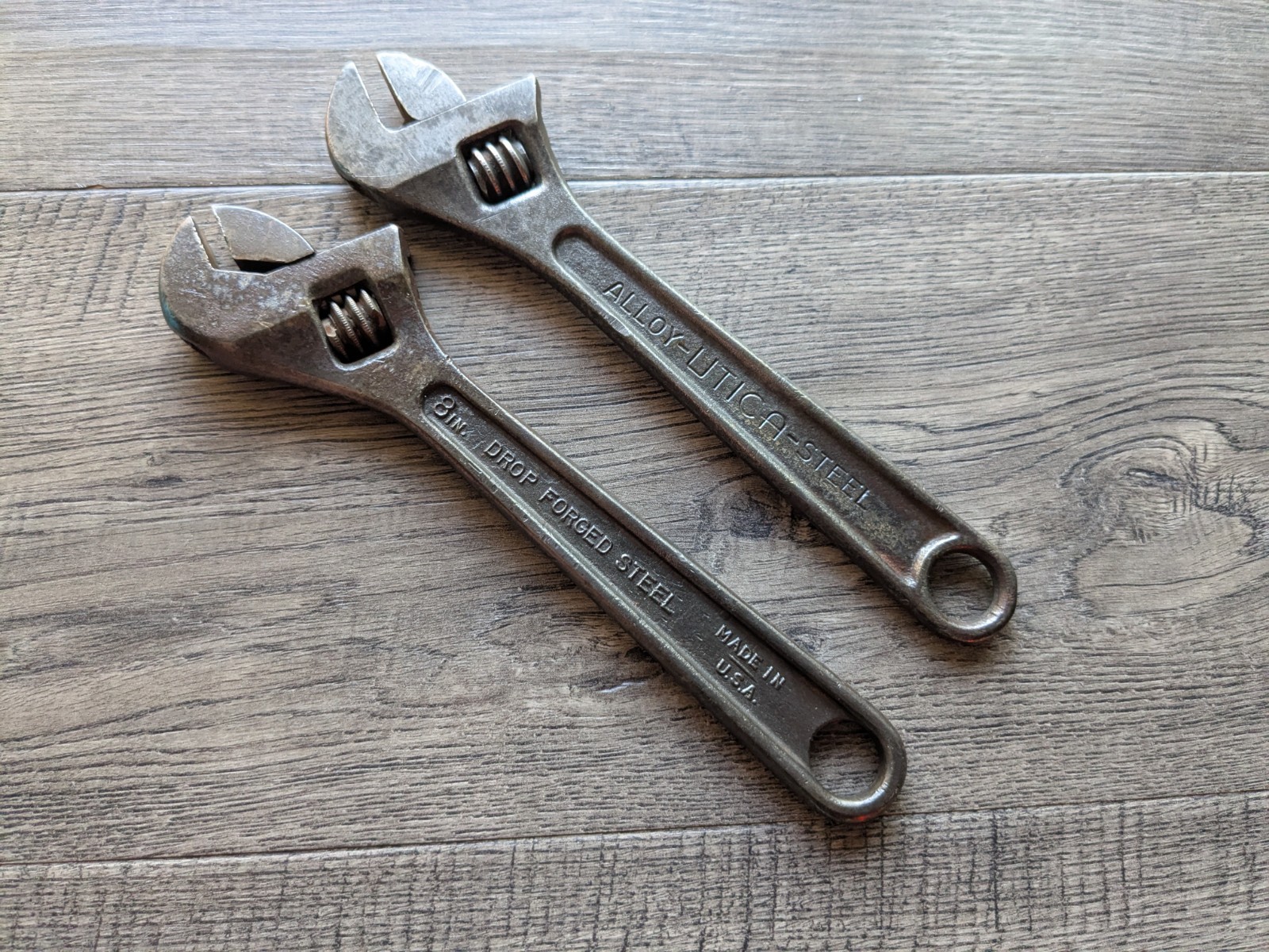 Lot of 2 Vintage USA 8″ Adjustable Wrench Tools: UTICA 91-8 & CRESCENT TOOL CO.
