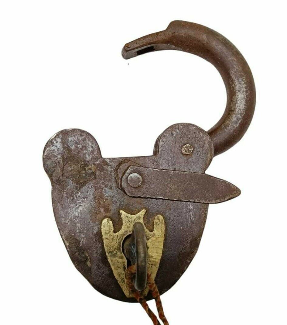 1930’s Old Vintage Antique Iron & Brass Unique Shape Pad Lock & Key, Collectible