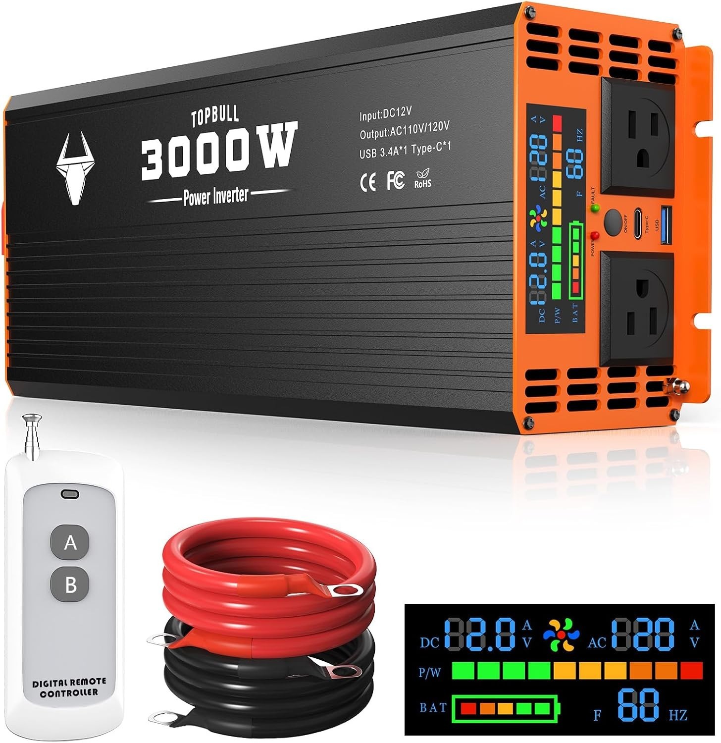 3000 Watt Power Inverter, Car/Home 12V DC to 110V/120V AC Car Converter | 200ft
