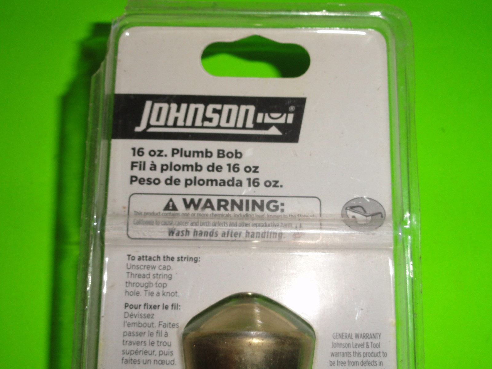 Johnson Level & Tool 116 Plumb Bob 16 oz. Brass Plating Steel Tip Removable Cap