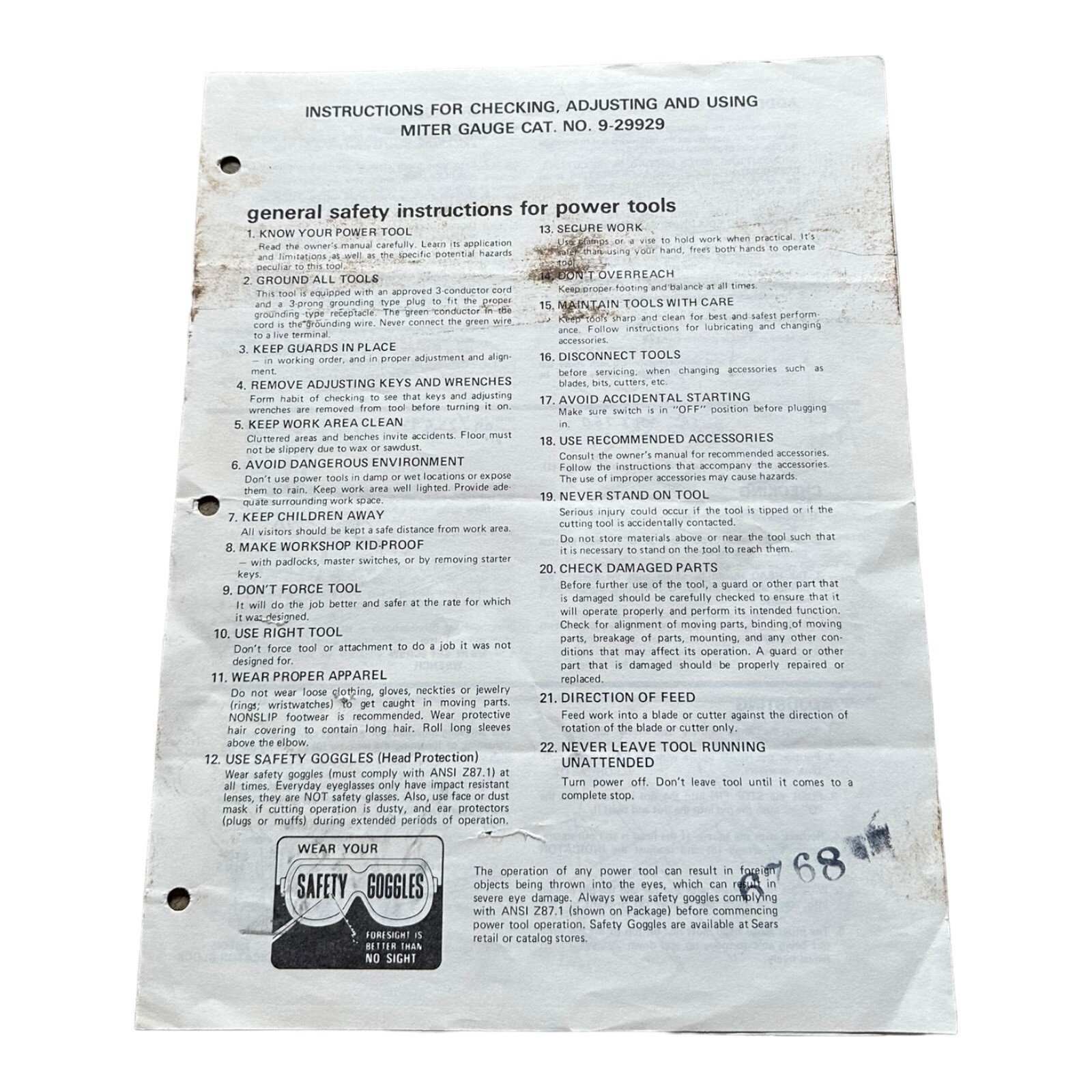 Sears Instructions Miter Gauge 9-29929 Vintage Owners Manual SP4485 1979 4 Pages