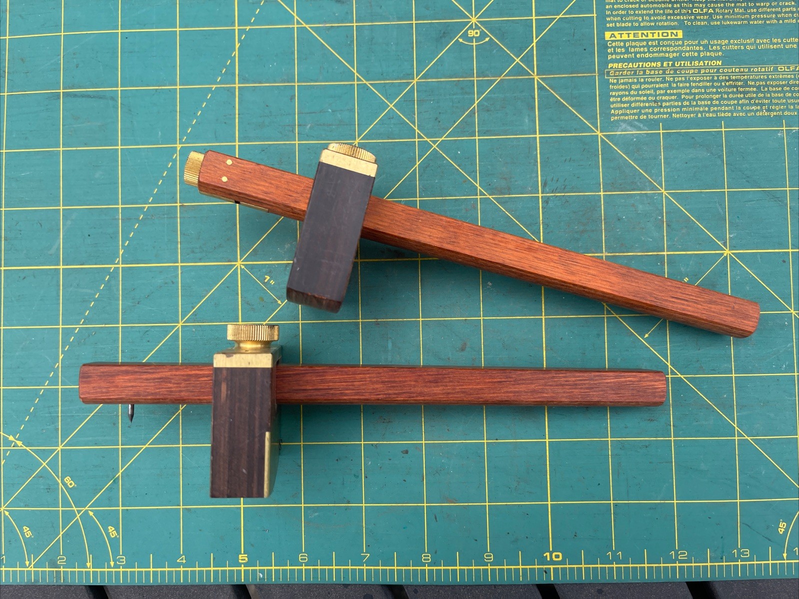 Pair (two) Les Outils Cullen Tools Marking Gauge, Rosewood and Brass, Canada