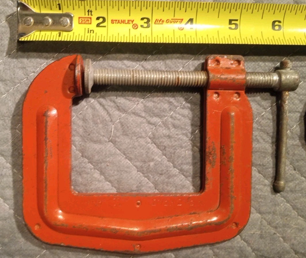 Lot of Two C-Clamps Stanley H155 2 1/2 x 2 1/2 and Unbranded 2″ x 1″ Clamp Nice