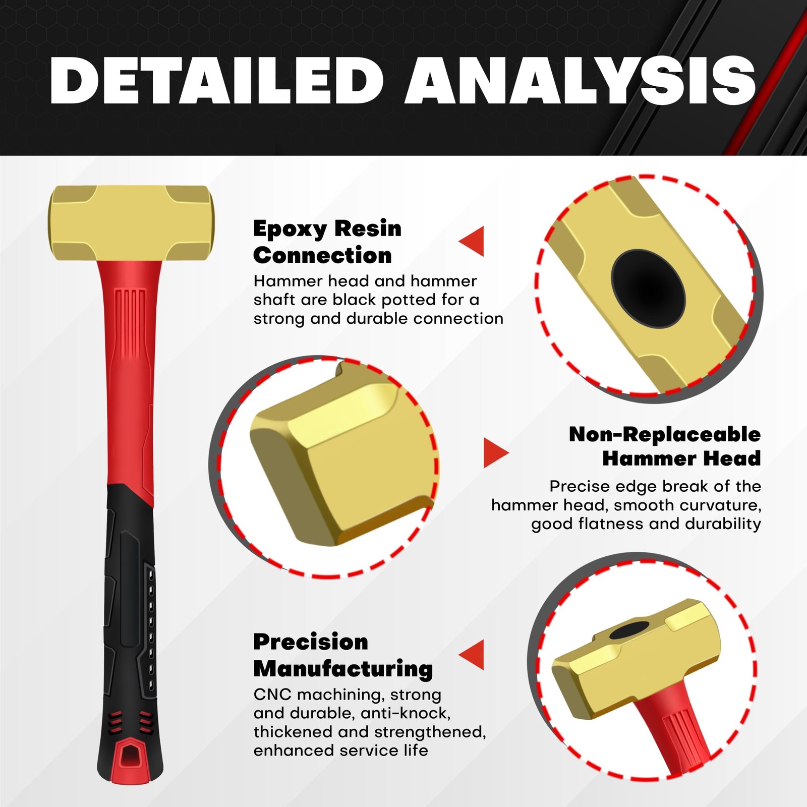 C&T 3lb Brass Sledge Hammer,Non-Sparking,Comfortable Fiberglass 3LB,