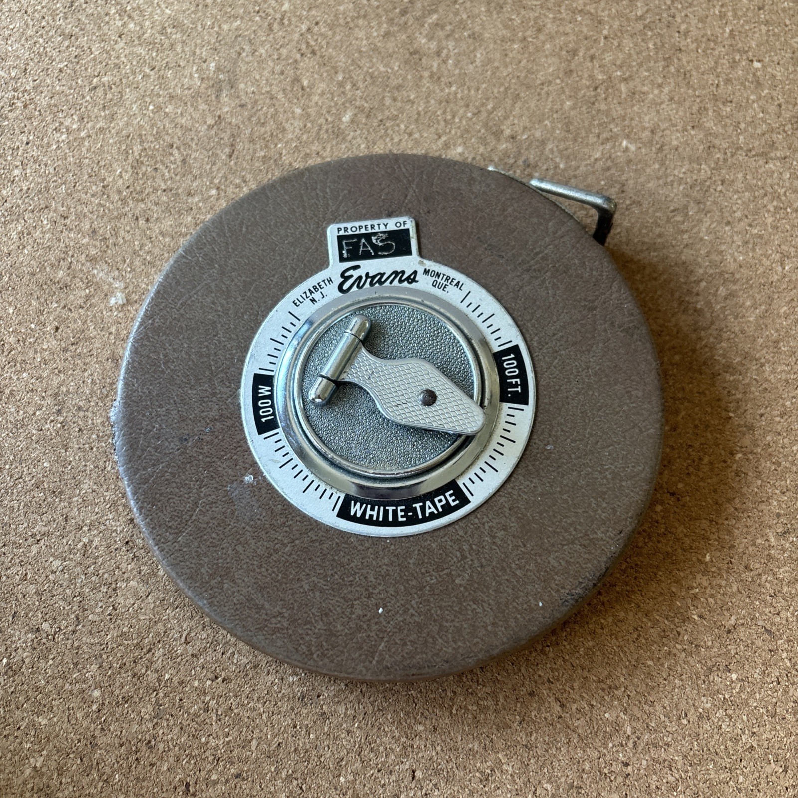 Vintage Evans 100 ft Tape Measure White Wind Reel Up Made In USA