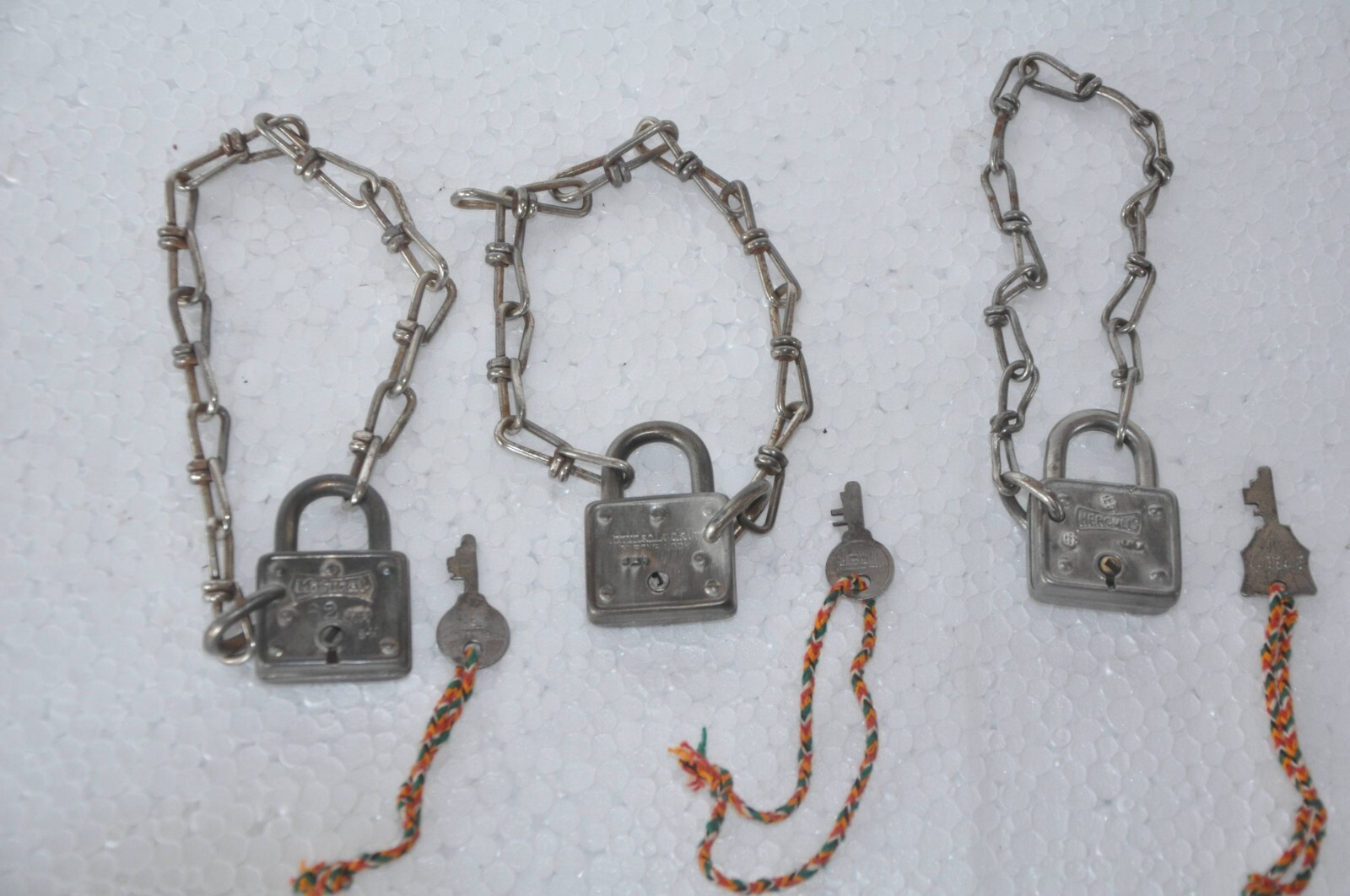 3 Pc Vintage Square Shape Iron Handcrafted Bicycle Chain Padlocks, Germany