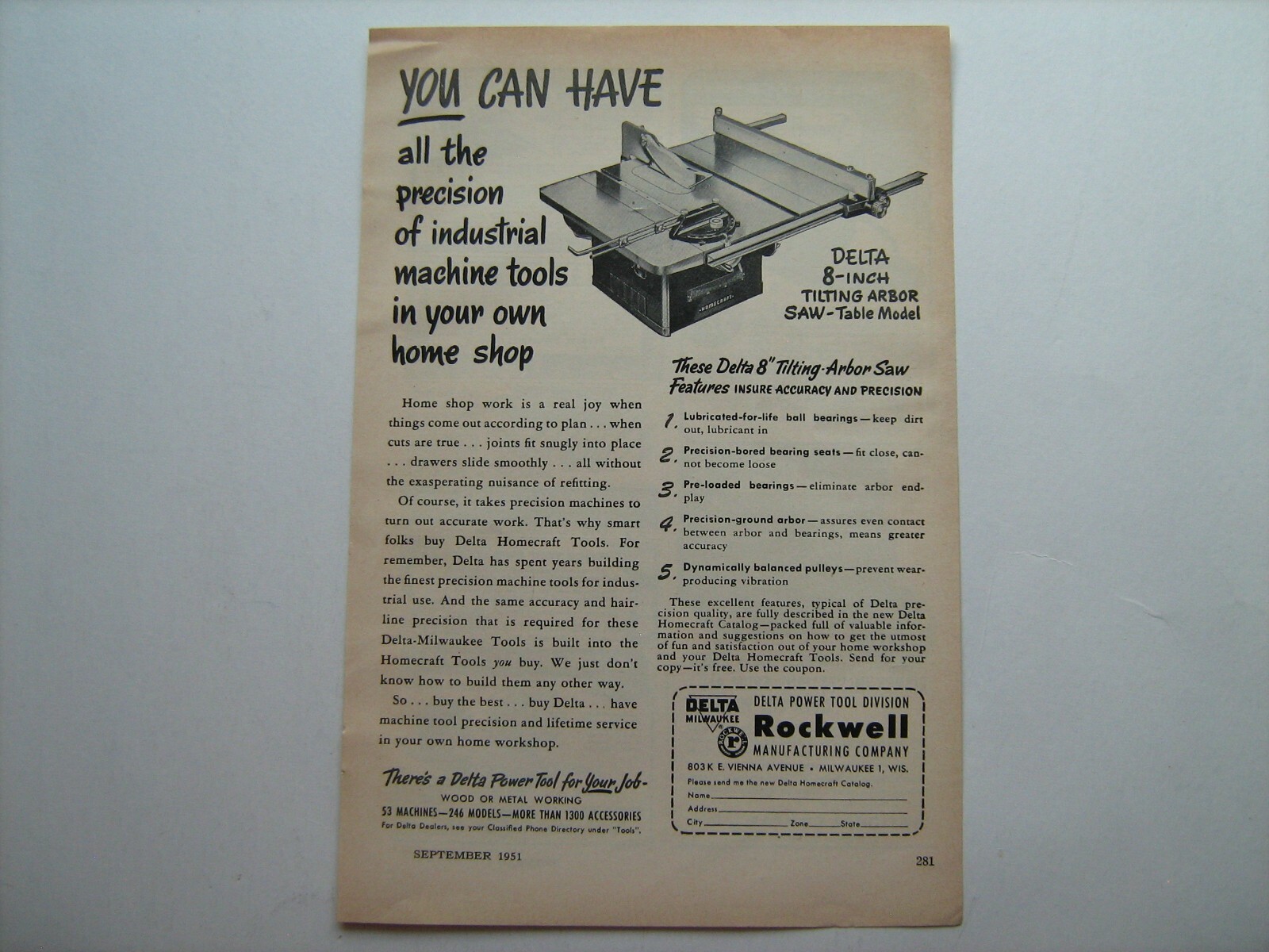 1951 Rockwell Power Tool–DELTA 8″ Tilting Table Saw–original vintage ’51 ad