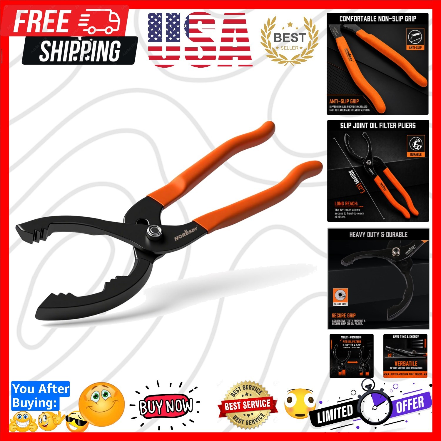 12″ Adjustable Oil Filter Pliers, Adjustable Oil Filter Wrench Removal Tool O…