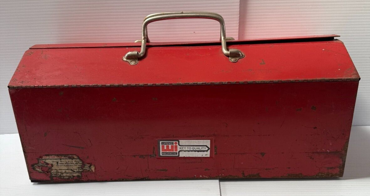Vintage red metal Tool Box, 2 Hinged Flap fold out top 21″x 8.5″ x 8.5″