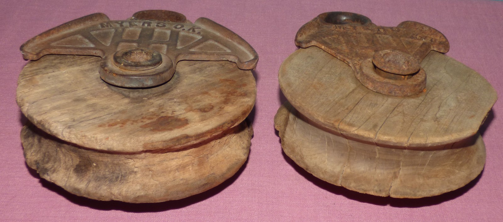 Lot of 2 Vintage Myers Wooden & Cast Iron Farm Pulleys H310/H311 & H463/H464