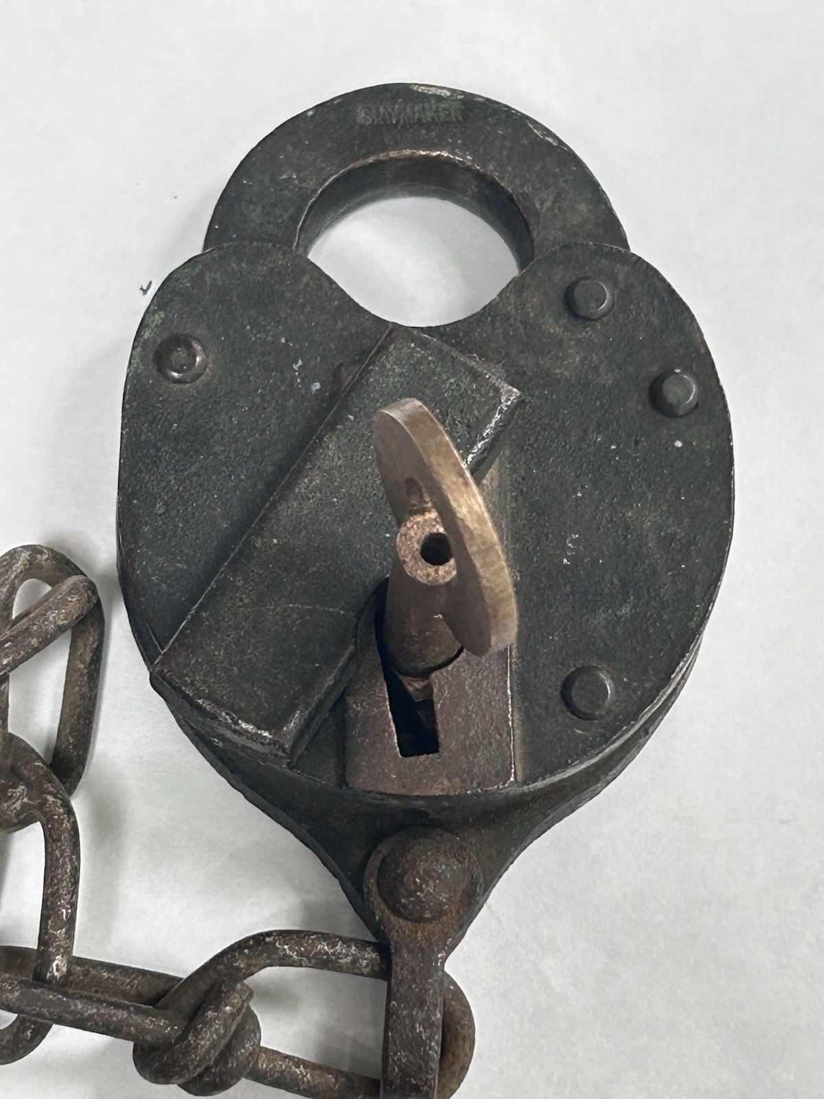Vintage Padlock SLAYMAKER Heart Shape With Key Marked DE / Lock Stamped 1948 BS