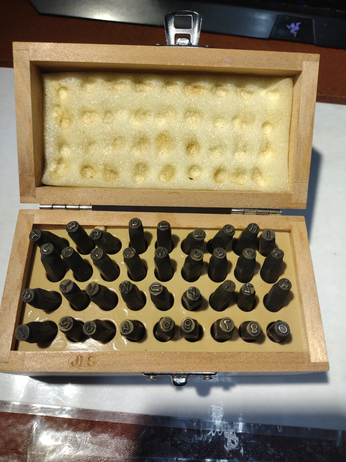 Vintage 36 Piece Steel A-Z Letters & 0-9 NUMBERS Stamp Set in Wooden Box
