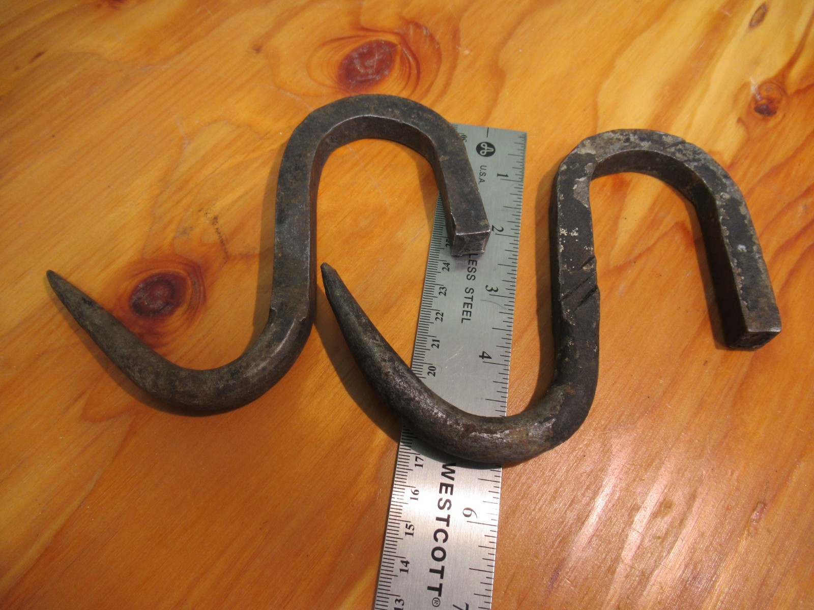 2 Vintage Meat Butcher Hanging S Hooks Wrought Iron Hand Forged Farm Tool