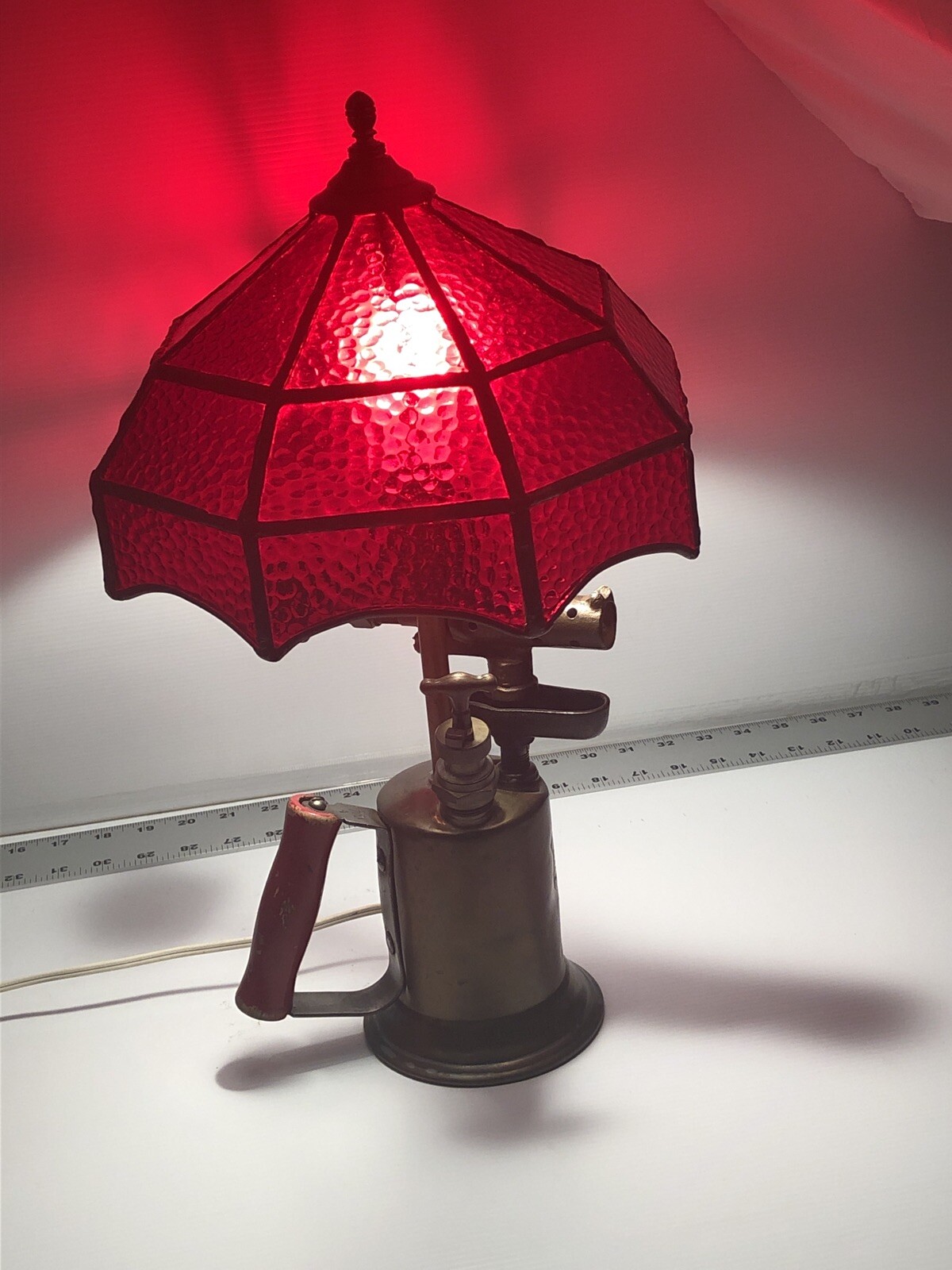 Vintage Clayton & Lambert Brass Blow Torch Lamp Ruby Red Stain Glass Shade