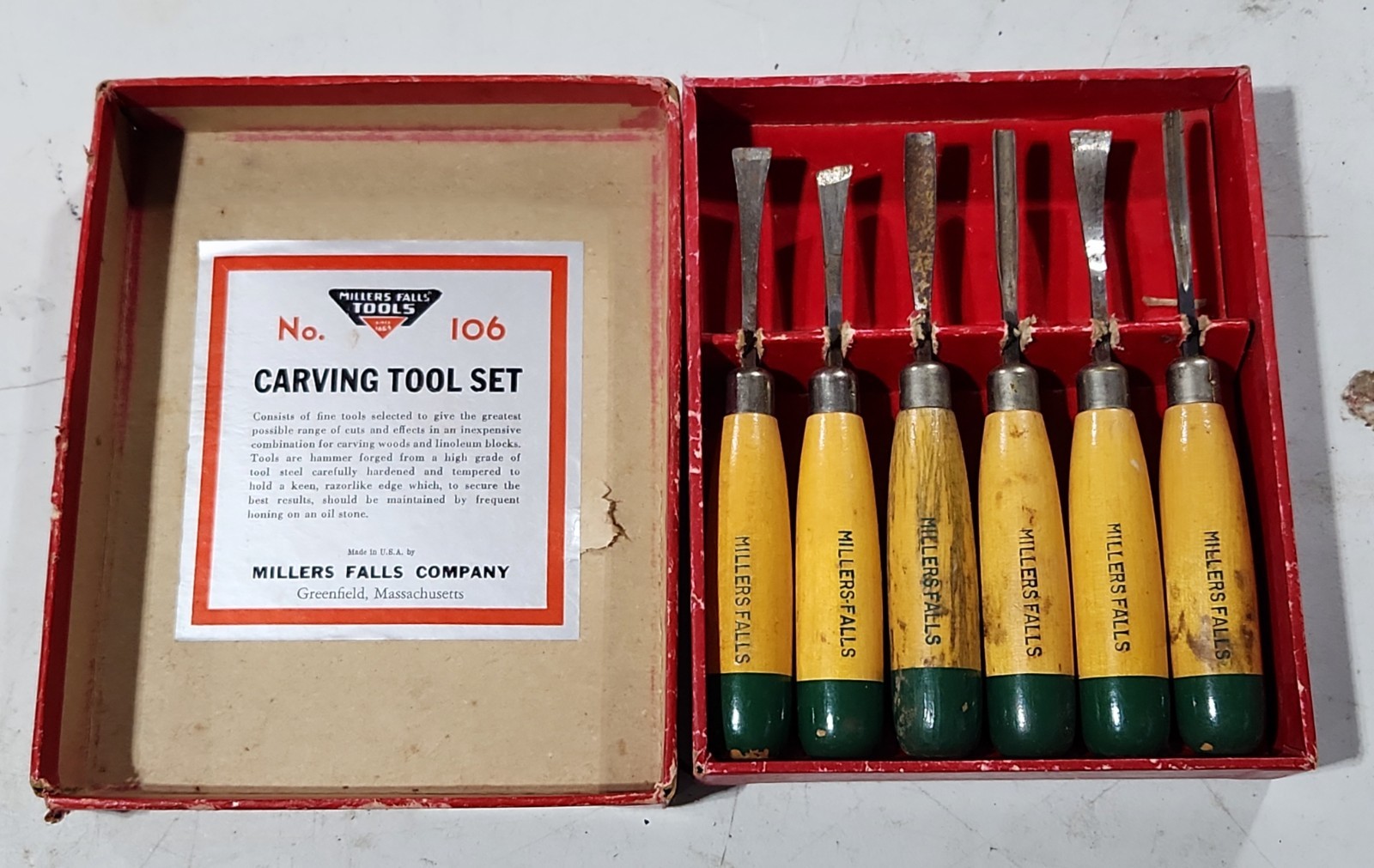 Vintage Millers Falls Carving Tool Set No. 106 in Box 6 Hand Carving Tools