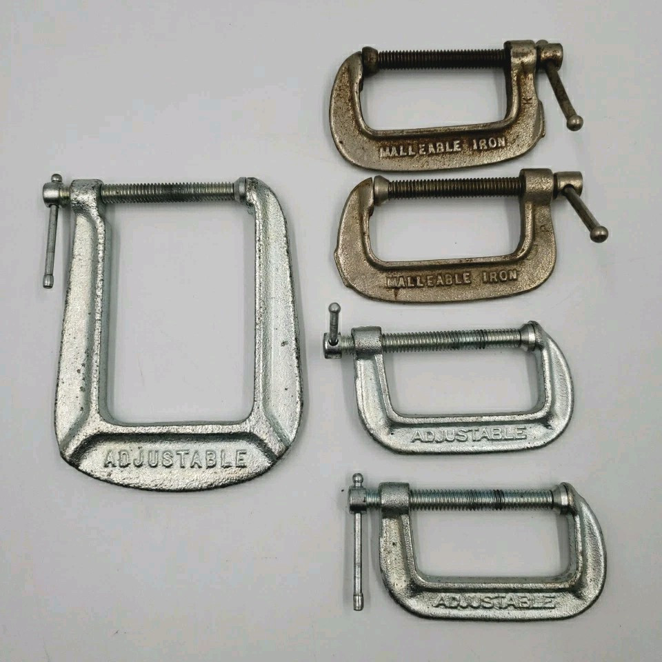 Vtg C Clamp USA Lot of 5 Adjustable Brand Galvanized 1423 1420 Malleable Iron 2″