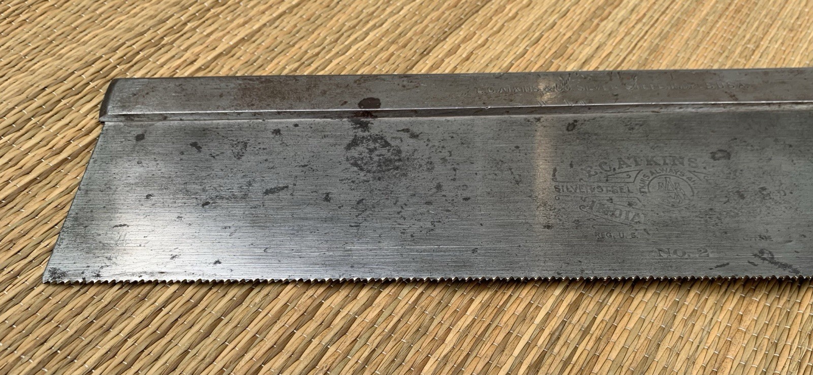 E.C. Atkins & Co. No. 2 14” Backsaw w/ Handle Silver Steel Logo Partly Visible