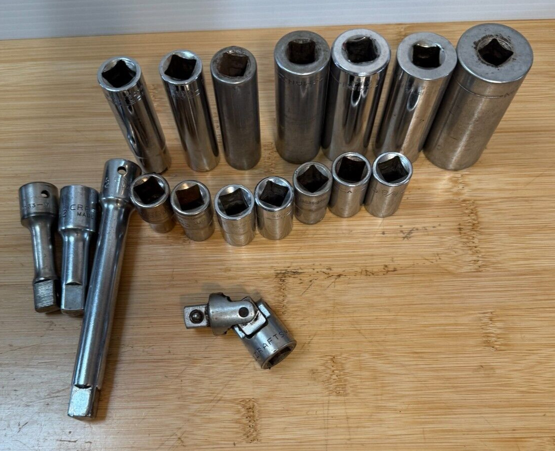 LOT OF 18 ASSORTED Craftsman Vintage Sockets,Extensions,Swivel 1/2″ Drive