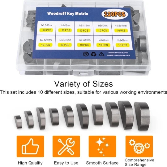 120Pcs Woodruff Key Assortment Kit, 10 Popular Sizes of Half Moon Keys, Keyway..