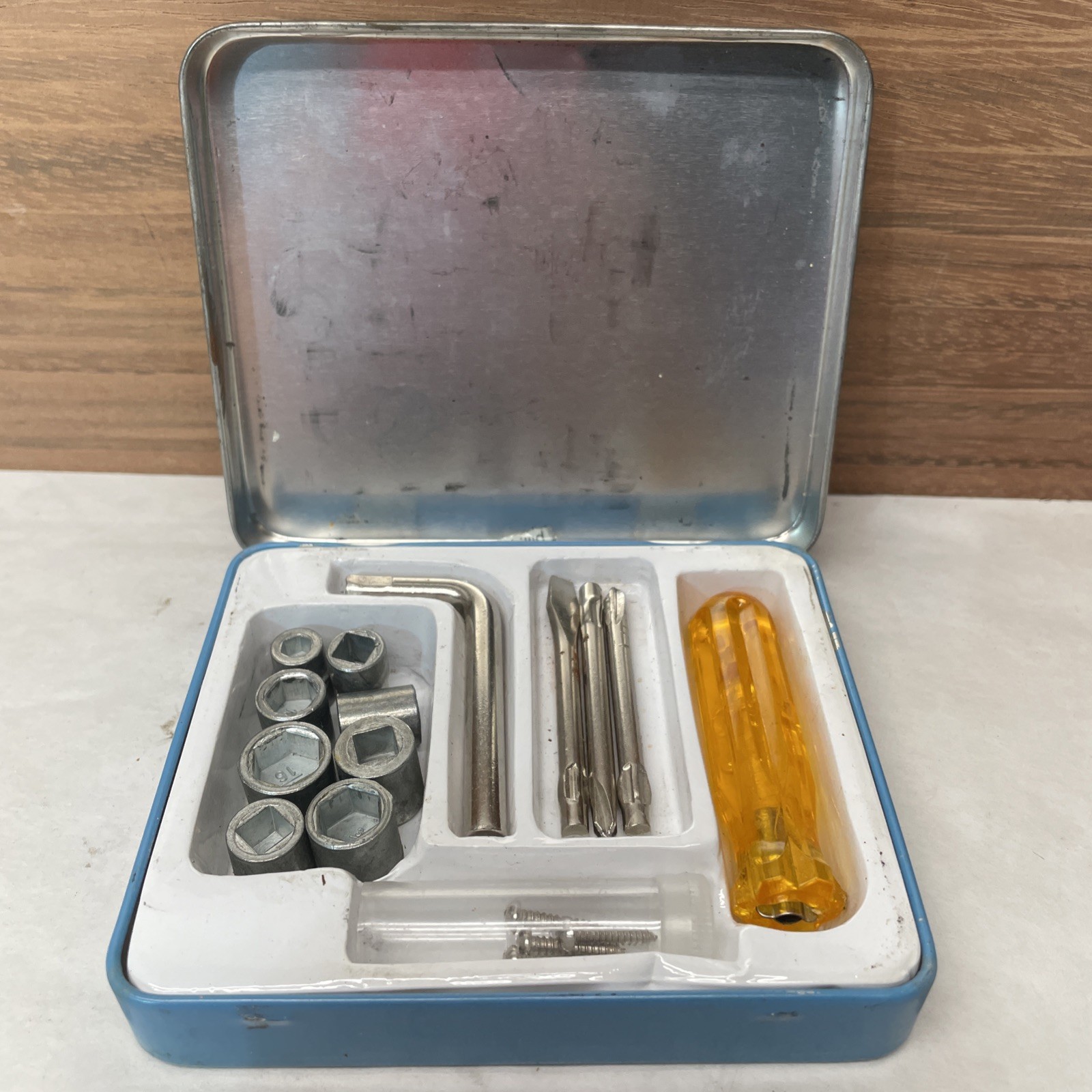 Vintage Tin Pocket Tool Kit Metal Blue Sockets & Screwdriver