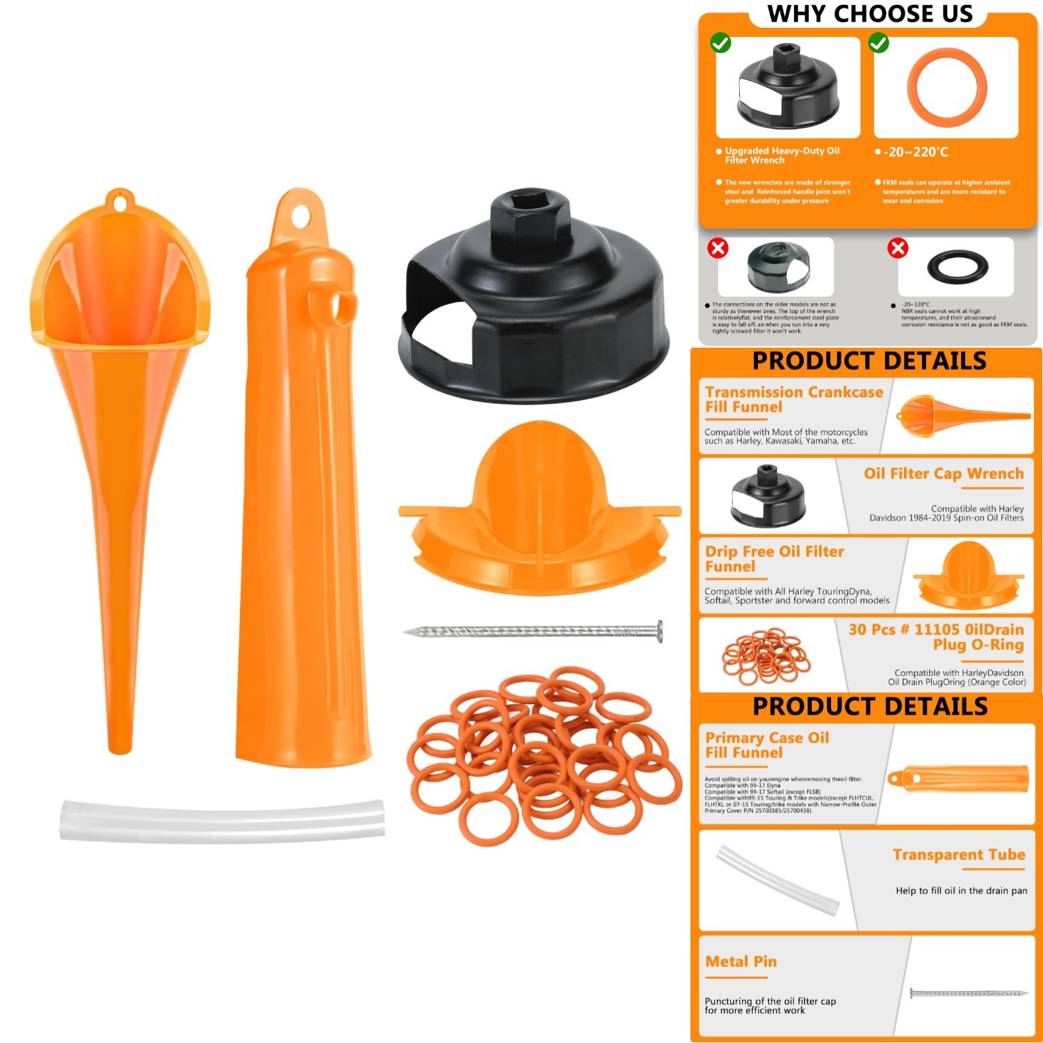 Complete Motorcycle Oil Change Tool Set Filter Wrench Drip Free Funnels O-Rings