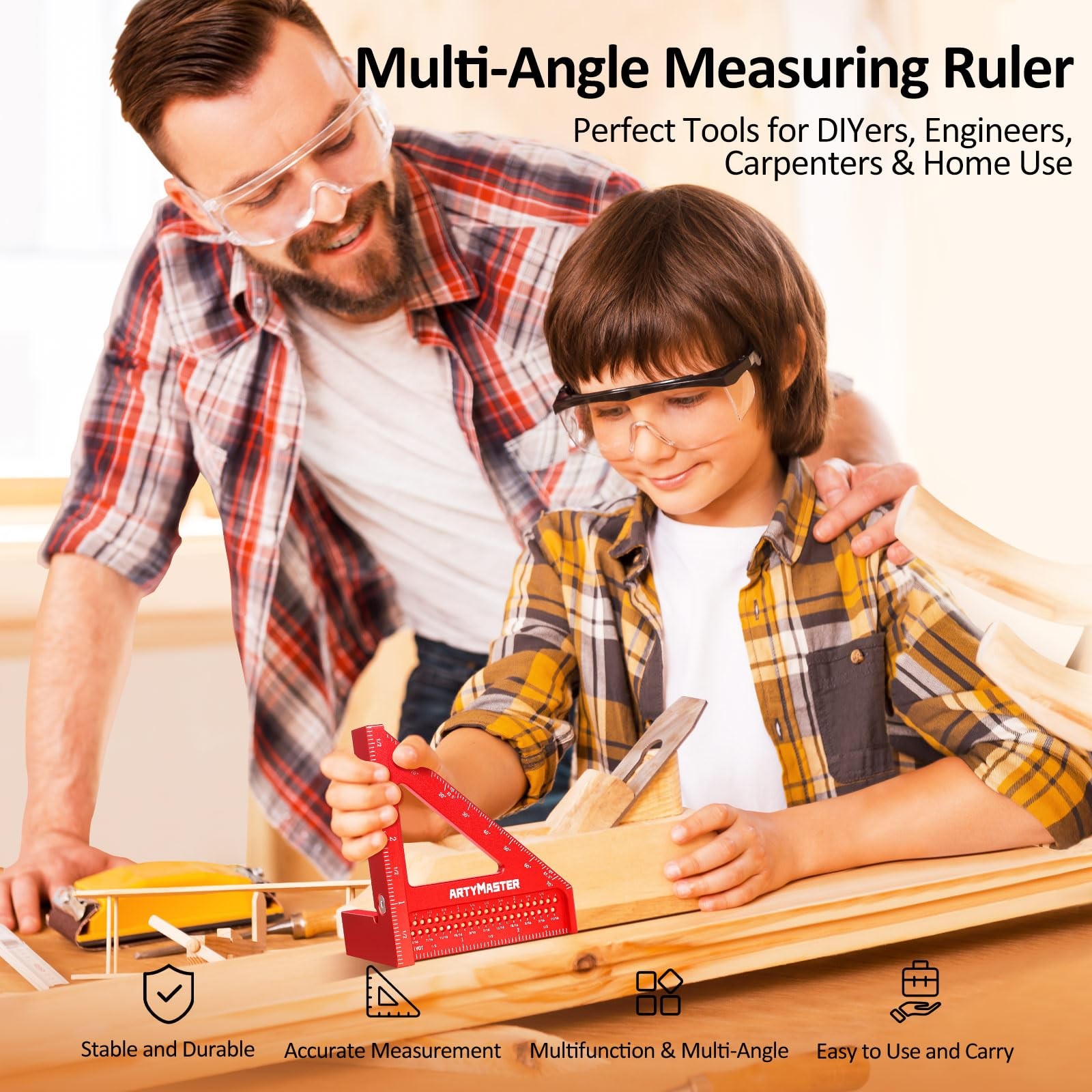 3.8＂Mini 3D Multi-Angle Measuring Square Ruler, WT102A 3.8 inch Square+Pencil