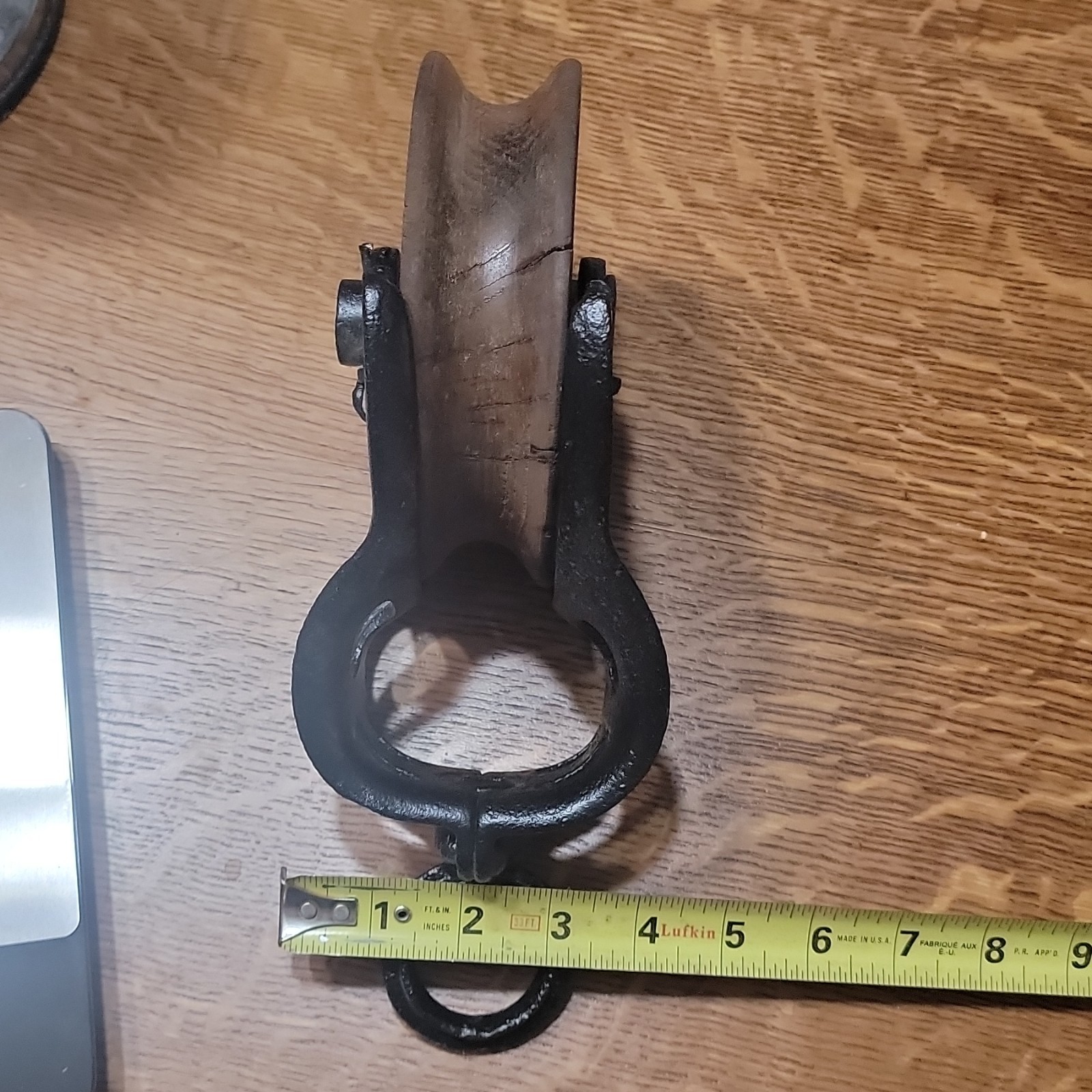 Antique Cast Iron & Wood Single Pulley Block Tackle w/ Hook Eye, 11 in