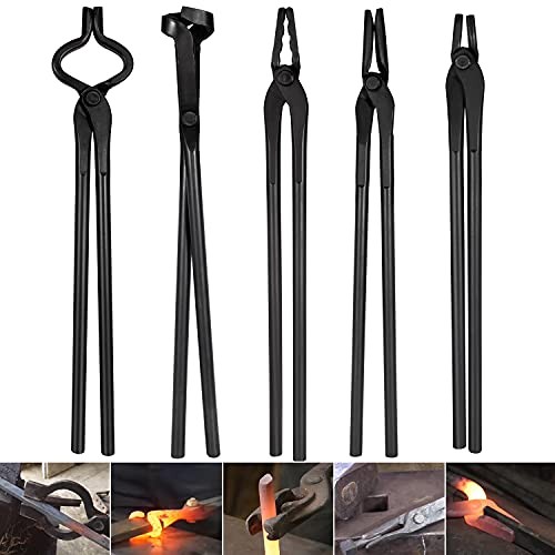5 Piece Blacksmith Tongs Set Flat Square Bolt Blade Jaw