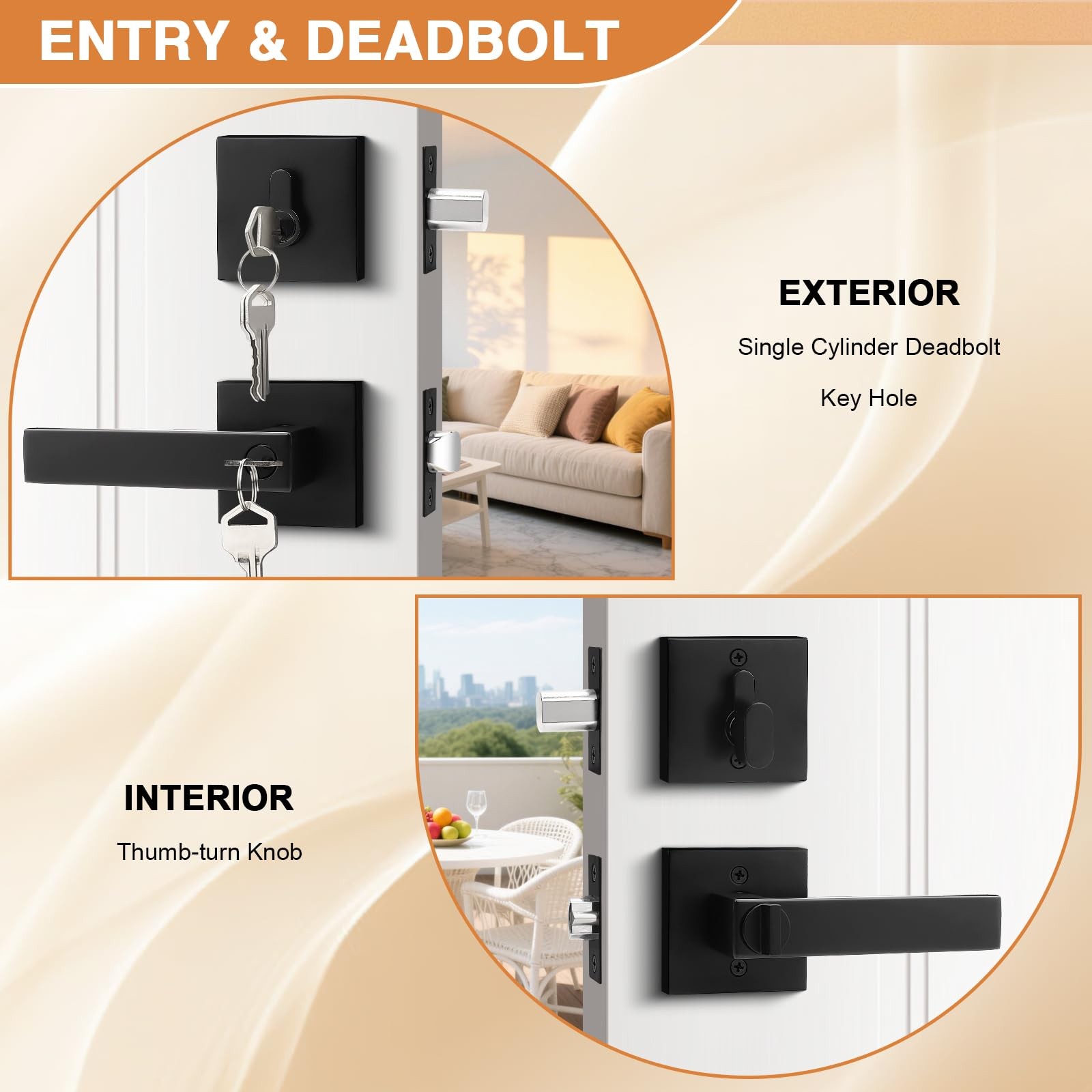 Probrico Square Entry Levers and Single Cylinder Deadbolts 2 Pack, Black