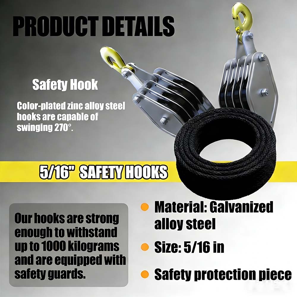 Upgraded Rope Pulley Hoist 4400LBS with Rope Guide, 8:1 (Anti-tangle)4 Pulley