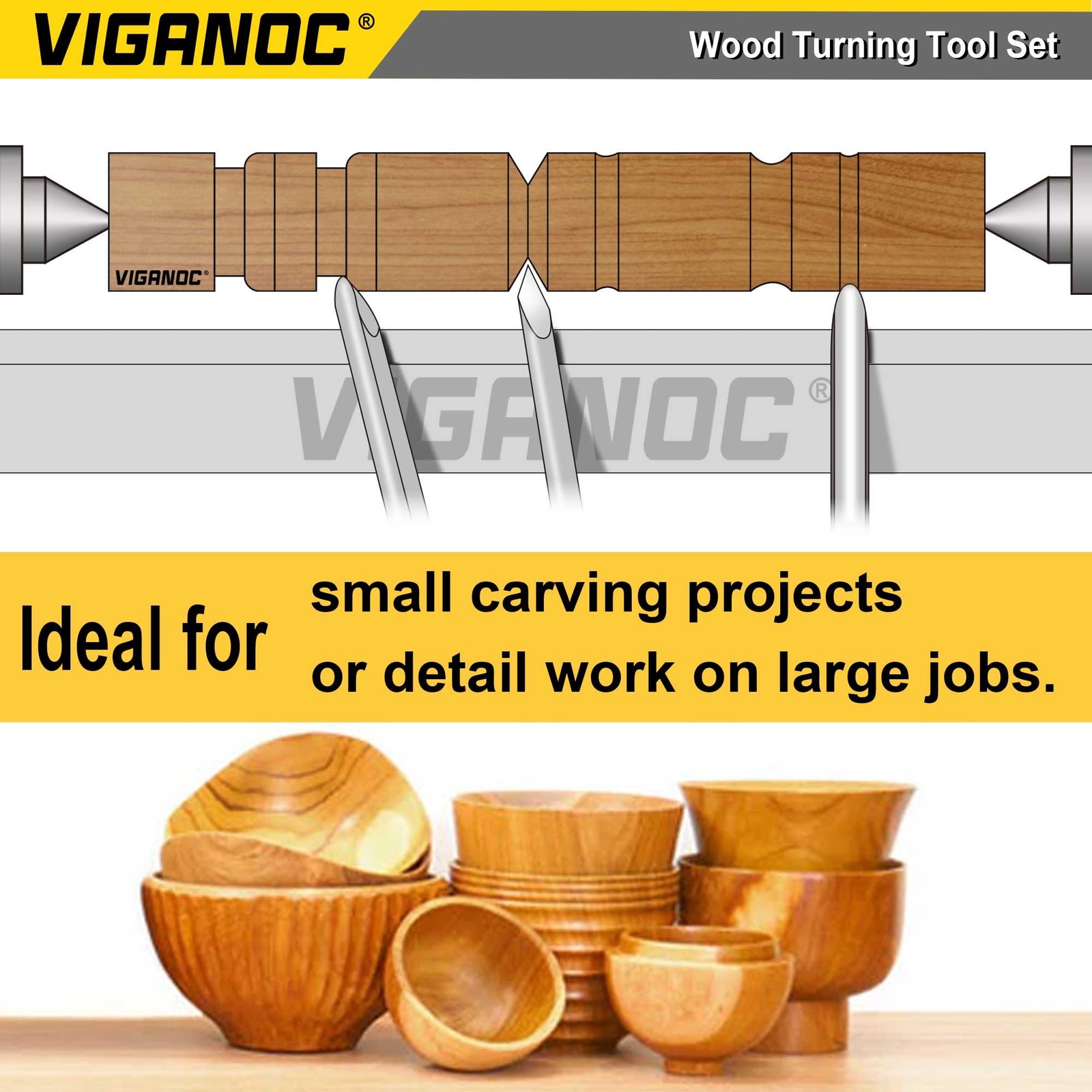 Viganoc Manganese Steel Wood Turning Tool Set, 8 Pieces with Hardwood Handles