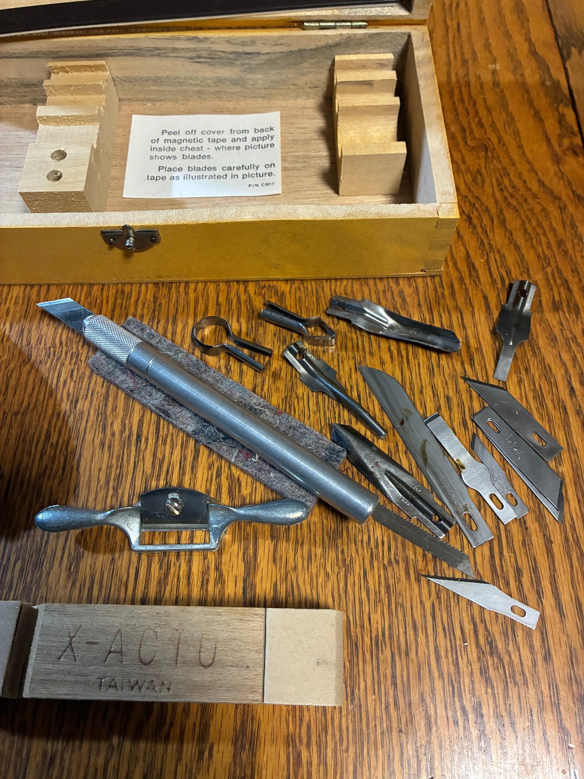 Xacto Tool Set in Dovetail Wood Box, Plane, Spoke Shave, Knife, Multiple Blades