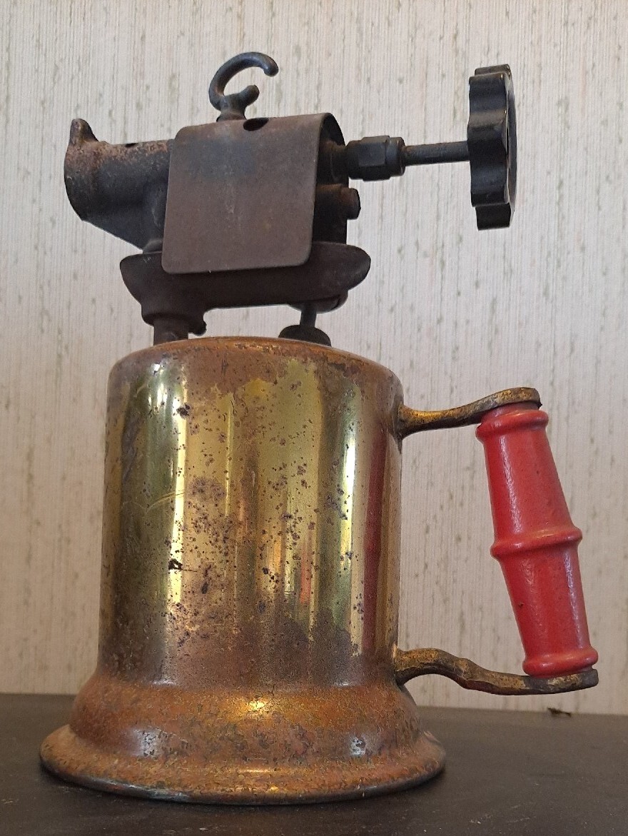 1930s Antique Turner Brass Works Blow Torch Red Wood Handle