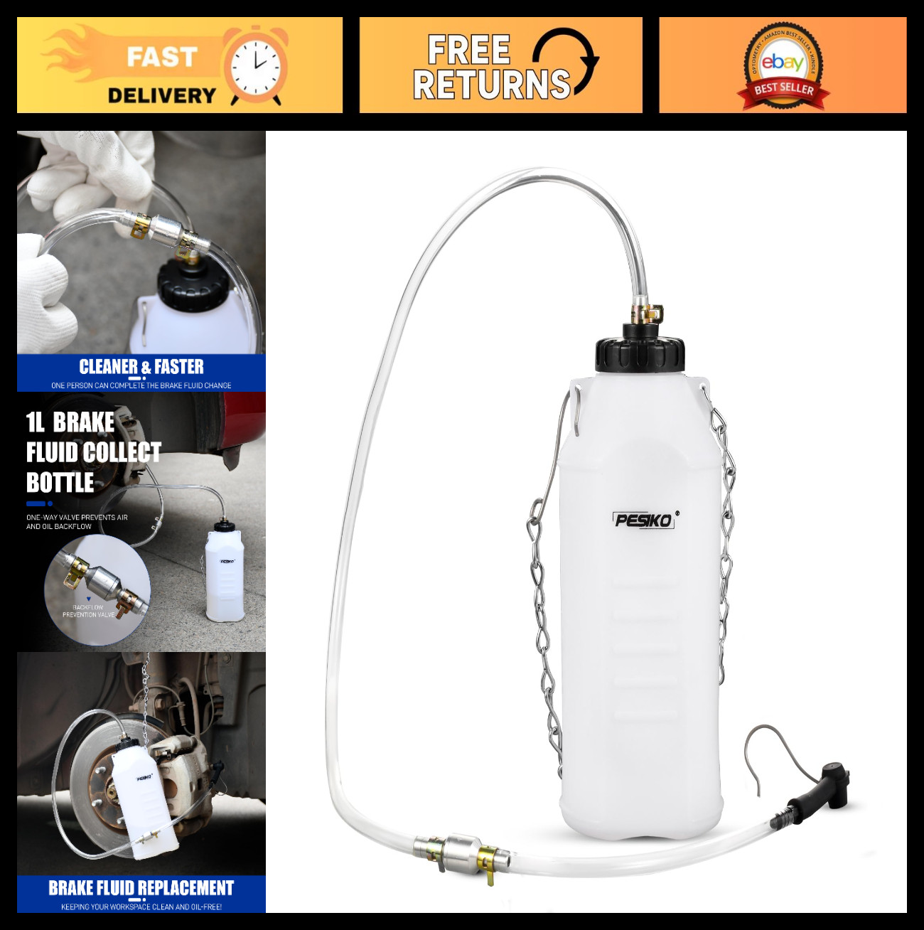 1L Brake Bleeder Bottle Kit with One Way Valve, 24″ Tube & Rubber Connector, Flu