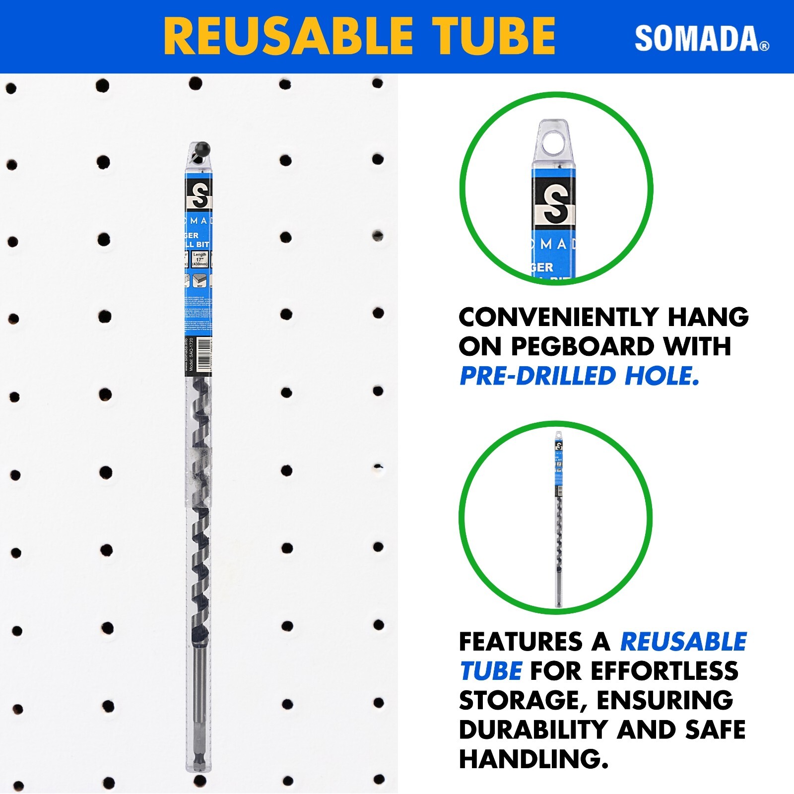 SOMADA 5/8-Inch x 17-Inch Auger Drill Bit for Wood, Hex Shank 3/8-Inch